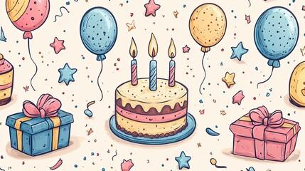 Fun hand-drawn birthday background with cakes, gift boxes, and balloons for a cheerful look.