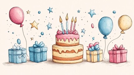 Fun hand-drawn birthday background with cakes, gift boxes, and balloons for a cheerful look.