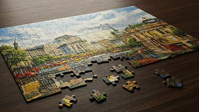Puzzle in Progress - A colorful landscape puzzle partially completed on a wooden table