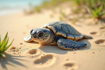 Obraz premium A baby sea turtle hatching from its egg on a sandy beach, with footprints and green plants nearby under warm sunlight