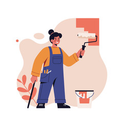Woman painter painting wall with roller brush in casual outfit home renovation vector illustration 