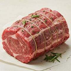 Close up of a raw boneless ribeye roast tied with twine and seasoned with herbs on white paper