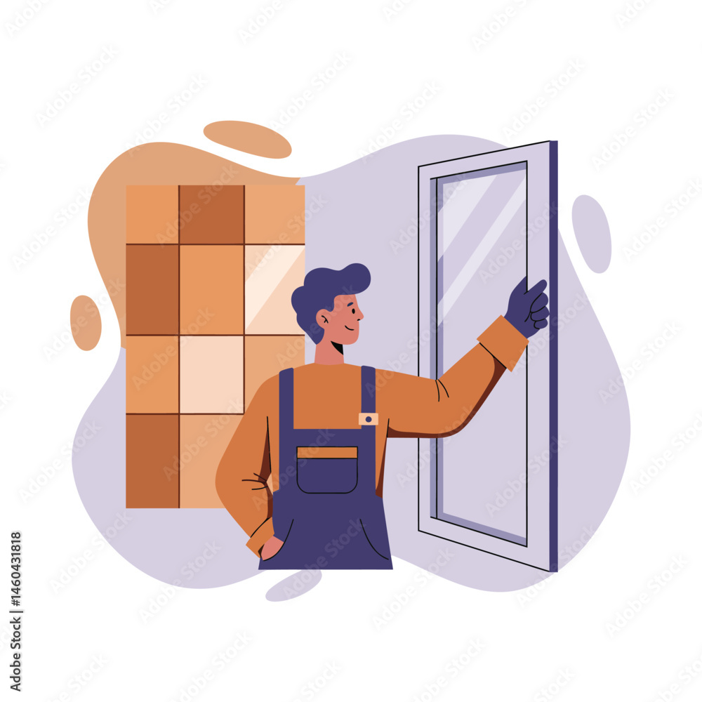 Poster worker installing glass window panel with stacked cardboard boxes in background vector illustration