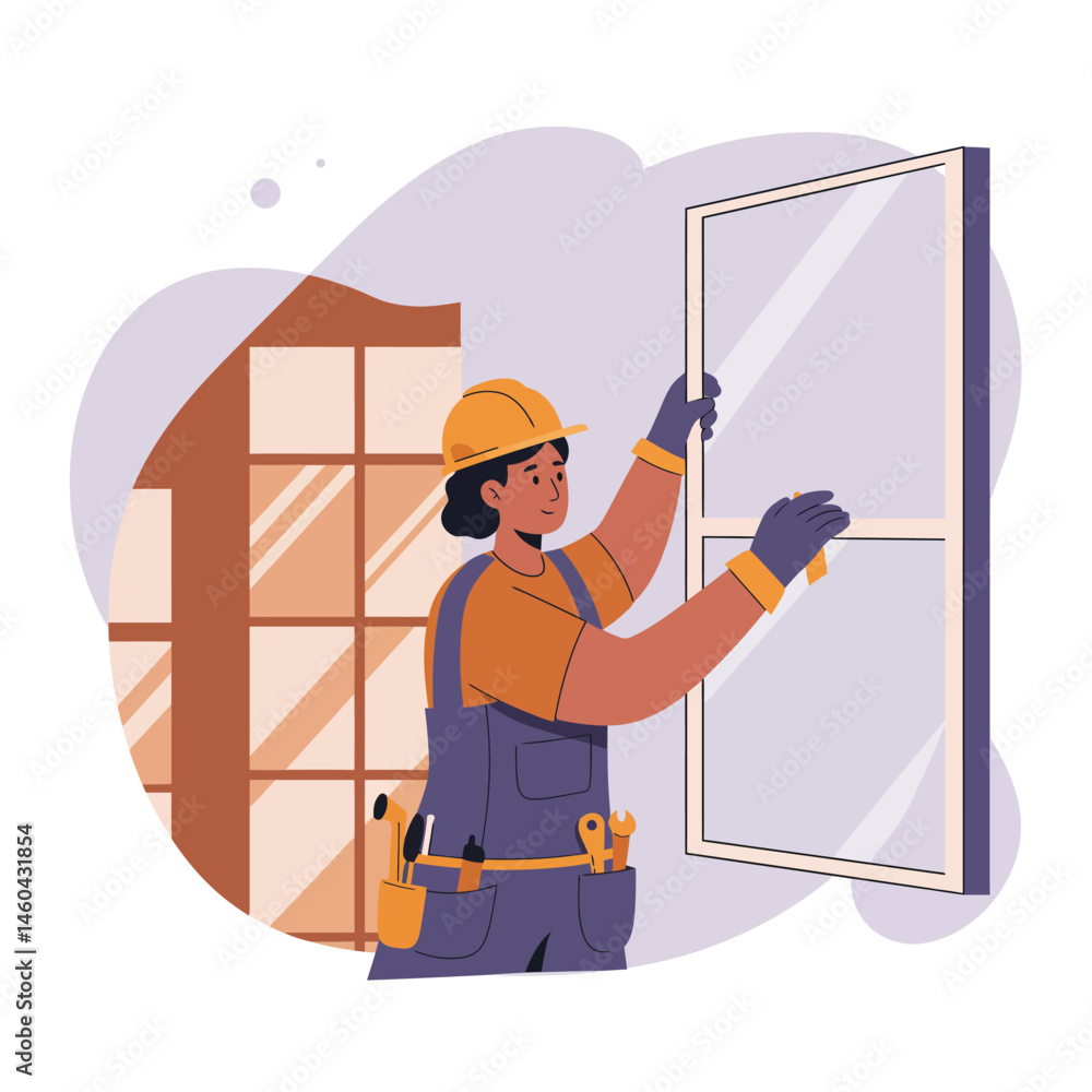 Poster construction worker installing window glass with tools and safety gear in building site vector illus