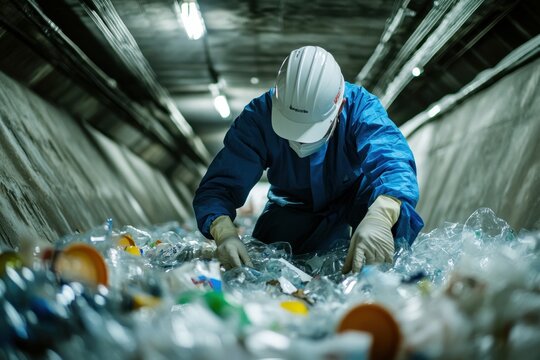 Recycling Waste Management: Worker Sorting Plastics in Industrial Setting