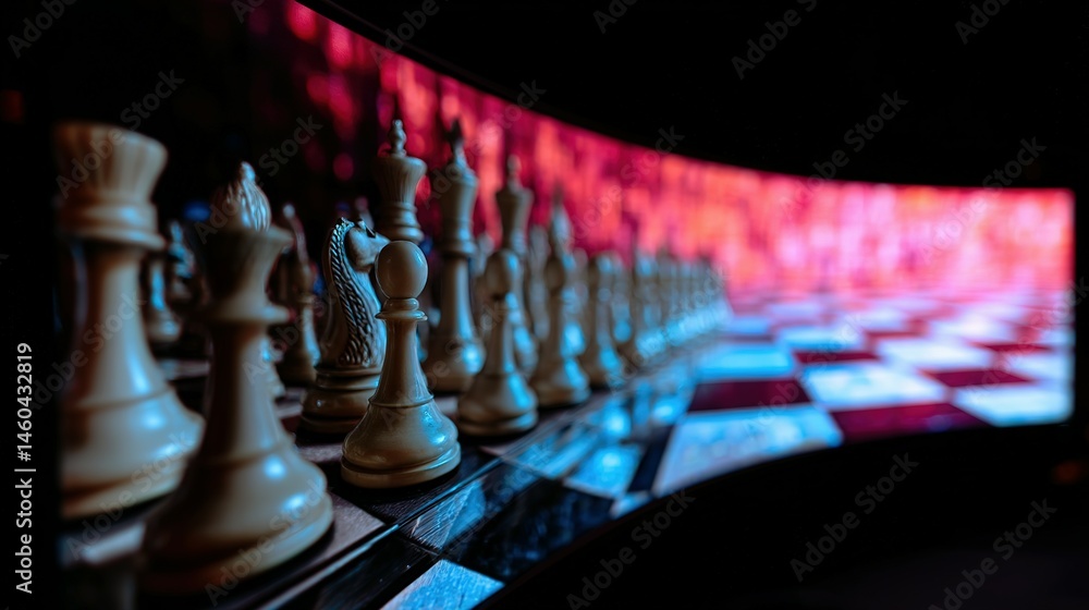 Poster chess pieces on a large curved screen display.