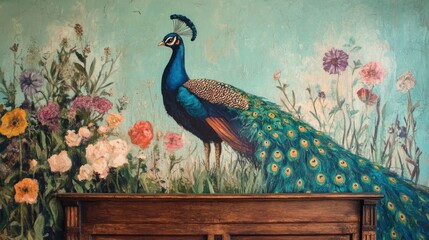 Ornate peacock portrait amidst a vibrant floral backdrop.