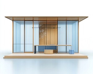 Modern Glass and Wood Structure with Minimalist Furnishings