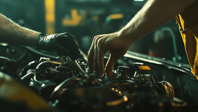 Hands-On Engine Repair in Automotive Workshop: Close-up on Mechanical Maintenance & Tools Collaboration