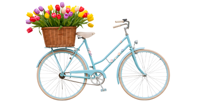 A charming blue bicycle adorned with a wicker basket overflowing with vibrant tulips, set against a bright, cheerful backdrop