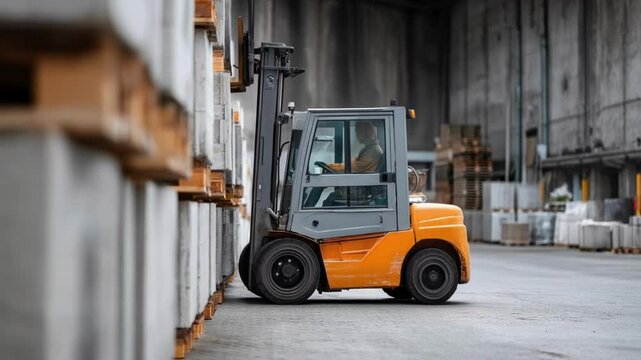 A side profile of a forklift with its forks raised lifting equipment off the ground highlighting the hydraulic mechanism in action.