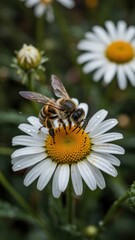 Obraz premium Close-up of honeybee on blooming daisy surrounded by soft green foliage