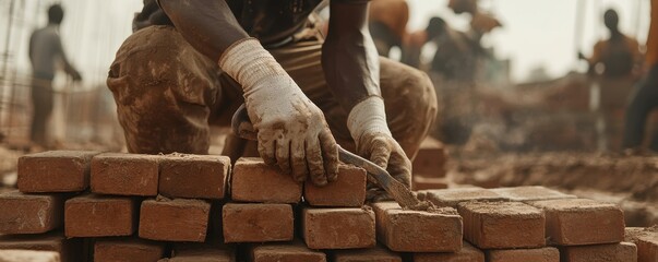 Construction Worker Building with Bricks and Tools in Masonry Industry