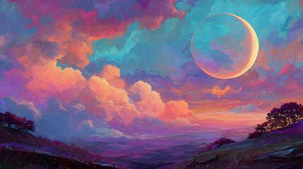 Surreal colorful eclipse in space illustration, fantasy landscape digital painting