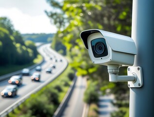 High-resolution CCTV camera observing a road with speeding cars and lush greenery, symbolizing safety, control, law enforcement, and urban infrastructure management


