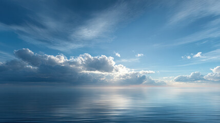 A serene ocean scene with the horizon blending into the blue sky, featuring dramatic clouds and gentle sunlight filtering through them