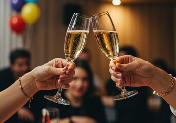 Two champagne flutes clinking in a celebratory toast with friends in the background.