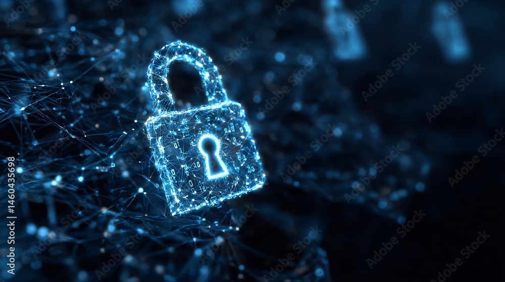 Poster digital encryption padlock with abstract network background illustration