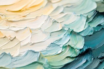 Close-up view of an impasto painting with textured, wavy brushstrokes in shades of cream, teal, and blue.