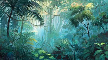 Painting of a jungle, green landscape with trees, vines, tropical plants, digital painting, colorful pastel illustration of a tropical, humid environment, palm leaves, bright, empty backdrop wallpaper