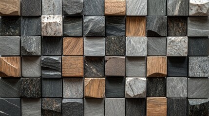 Exquisite wood and grey marble mosaic tile texture, perfect for modern interiors. 