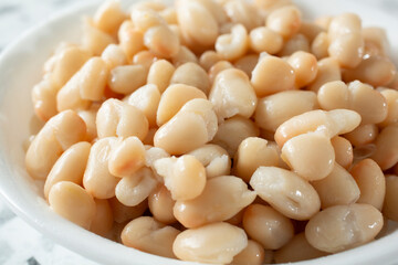 A closeup view of a bowl of Great Northern beans.