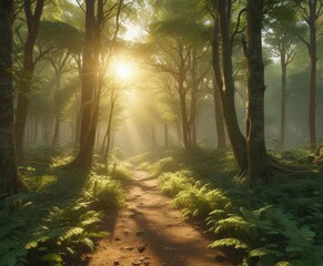 Naklejka premium Golden sunlight streams through emerald canopy, illuminating dappled forest floor, spring, nature, green