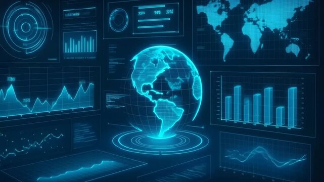 Glowing world globe with graphs and charts displayed on a dark blue background interface panel 4k uhd video