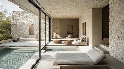 Expansive window in a modern villa hallway providing a perfect view of the private pool outside. 