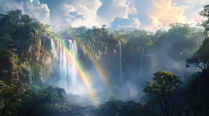 Lush jungle landscape with a cascading waterfall and rainbow.