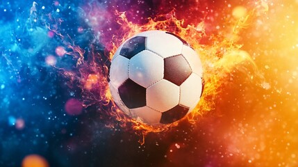 Naklejka premium Dynamic Soccer Ball Engulfed in Flames with Vibrant Blue and Orange Background