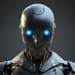 A futuristic robot head, intensely focused