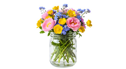 Obraz premium A vibrant bouquet of pink and yellow flowers in a clear jar, set against a white background, perfect for spring decor