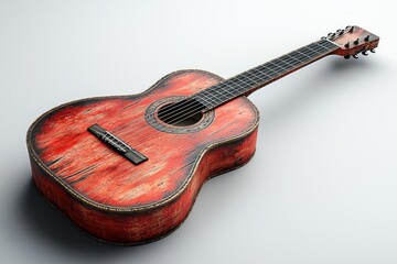 Fototapeta premium Reddish-brown acoustic guitar with distressed, worn finish; showcasing strings, bridge, and soundhole detail