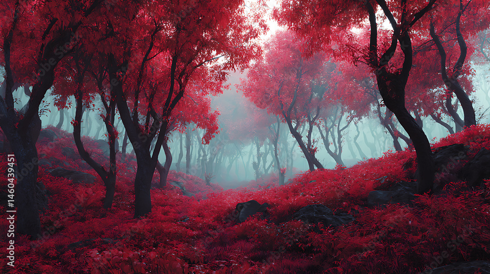 Poster fantasy red forest with fog and red trees, autumn concept, 3d rendering