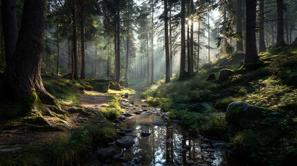 Obraz premium Dreamy forest landscape with a small creek and sunlight shining through the trees