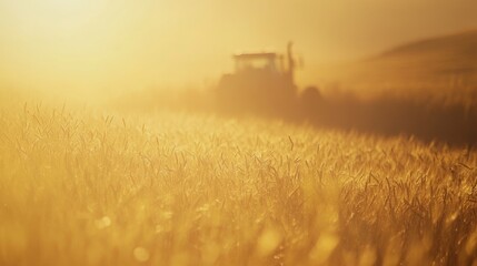 Fototapeta premium Golden sunrise over wheat fields with a tractor working in the distance during early morning hours