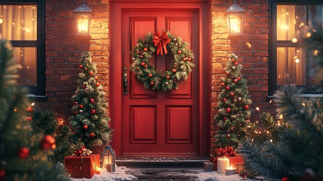 A beautifully decorated red wooden door with a Christmas wreath, garlands of pine and berries framing the entrance, and lanterns casting a soft glow, perfect for a festive and warm home vibe
