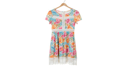 Obraz premium A vibrant floral dress hanging on a wooden hanger against a plain background, showcasing its colorful design and texture