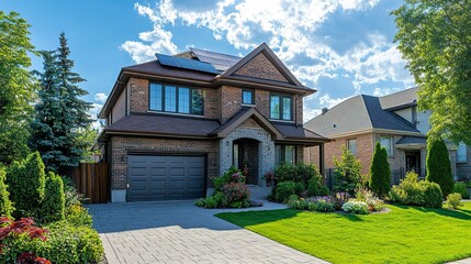 A beautifully maintained family house with solar panels generating green energy under a bright sun, set amidst a vibrant suburban neighborhood, showcasing the advantages of renewable energy 