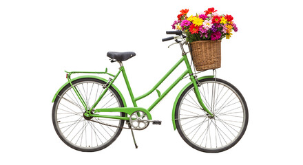 A vibrant green bicycle with a wicker basket filled with colorful flowers, parked against a bright background, perfect for spring-themed visuals