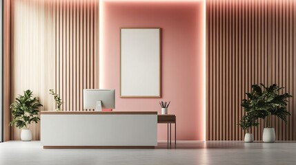 Fototapeta premium Reception Area with White Desk and Wood Paneling