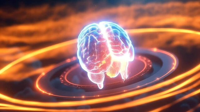 Futuristic glowing human brain emitting energy waves in a vibrant digital environment, seamless looping 4k time-lapse animation video background. Technology concept - Powered by Adobe