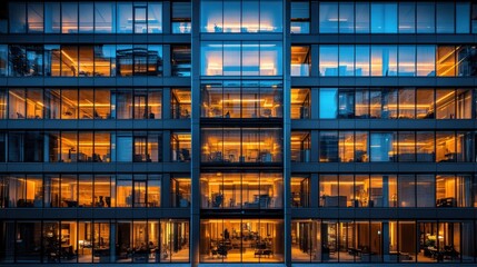 Illuminated Modern Office Building at Night