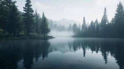 Fototapeta premium A Tranquil Scene of a Misty Lake Surrounded by Evergreen Trees and Distant Mountains