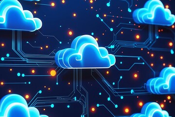 Abstract 3D cloud computing concept showing glowing blue cloud icons interconnected with network lines on a dark background, representing data storage, servers, and innovation

