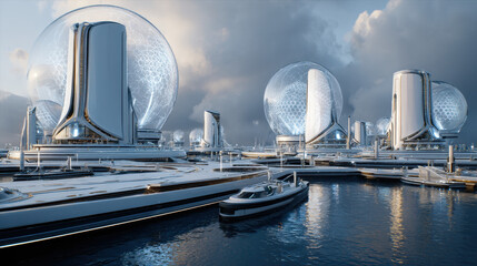 Futuristic port with white futuristic silos and ships, a futuristic city, futuristic architecture
