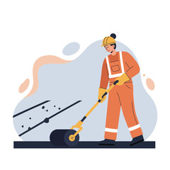 Obraz premium Construction worker in orange uniform rolling asphalt on road surface vector illustration 