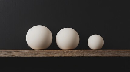 Three white eggs on rustic wooden shelf dark background minimalist still life photography food size
