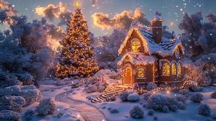 Fototapeta premium A charming holiday display featuring a gingerbread house on a snowy base, with a Christmas tree twinkling in the background, creating a cozy and whimsical setting 